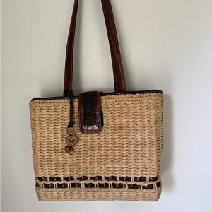 Brighton Structured Straw Raffia Bag w/ Leather Handles, Flap + Bag Charms